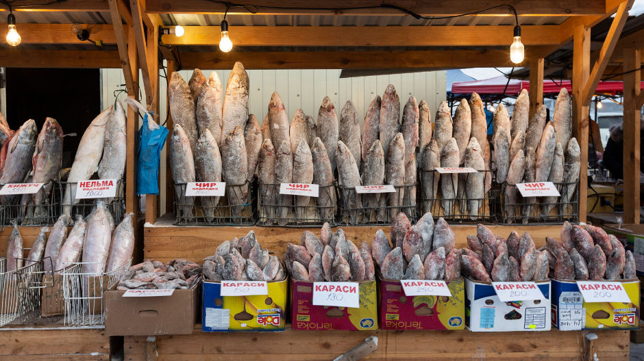 Ruime keus op de vismarkt van Jakoetsk – en eindelijk weer ontvangst! Onderweg naar Ojmjakon zaten de Kammermanns gedurende weken in de spreekwoordelijke “dode zone”.