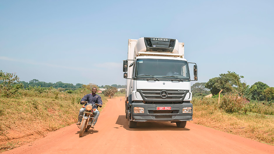 Vaativat tieolosuhteet. Wagagai-farmin kylmäkuljetus-Axor toimittaa lähes päivittäin pistokkaita Entebben lentokentälle. Suuri osa reitistä kulkee epätasaisilla, pölyisillä hiekkateillä, joista tulee sateella nopeasti vaarallisen liukkaita.